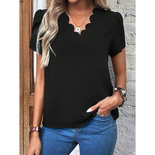 2025夏季新款簡約百搭純色短袖T恤女歐美休閑通勤波浪邊V領套頭衫