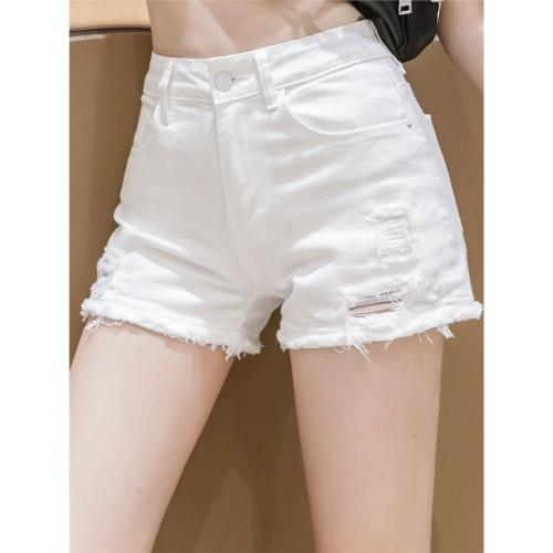 白色牛仔破洞短褲女2026春季新款高腰直筒大碼顯瘦時尚a字熱褲潮