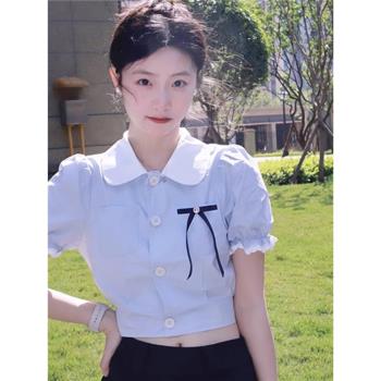 polo法式藍色防曬薄款短袖襯衫