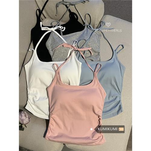 kumikumi純欲性感掛脖吊帶背心女裝夏季小個子褶皺帶胸墊短款上衣