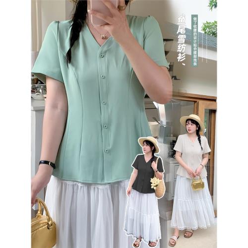 胖mm設計感魚尾雪紡衫2025夏季新款修身顯瘦V領正肩短袖小衫上衣