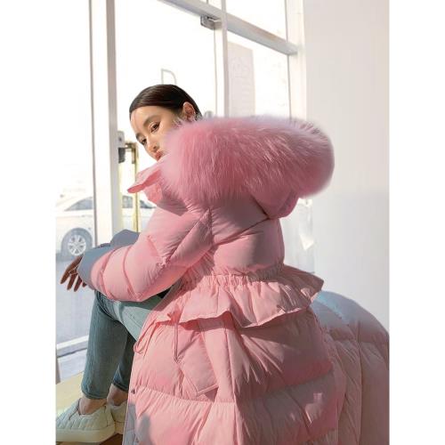 粉色羽絨服女長款過膝連帽超好看大毛領爆款2025冬季新款收腰外套