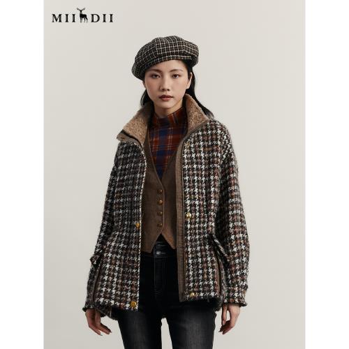 謎底粗花呢大衣女冬季綿羊毛復古繡花寬松中長款外套234MD1479