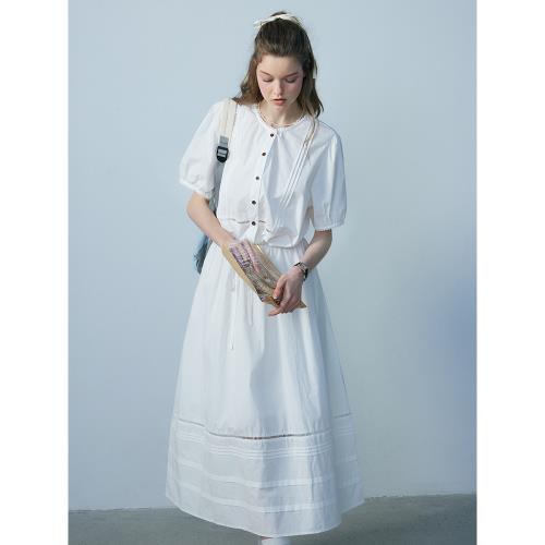 EGGKA花邊領短袖襯衫A字半身裙套裝女時尚系帶上衣拼接長裙兩件套