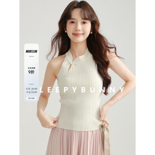 瞌睡兔新中式立領斜開盤扣掛脖針織衫女夏季輕薄修身休閑短款上衣