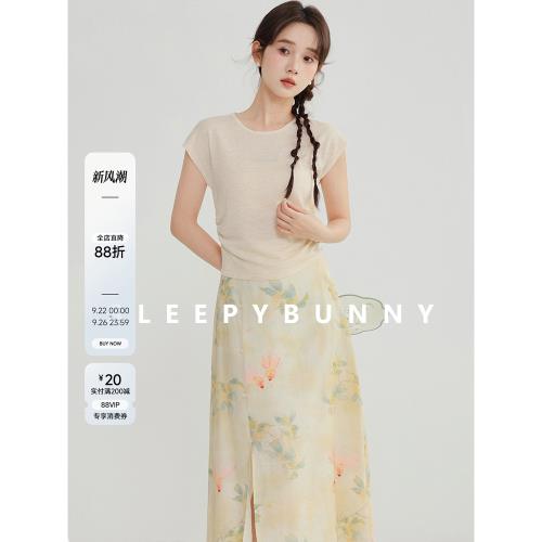 瞌睡兔 軟糯圓領短袖針織衫女夏季新款抽褶顯瘦休閑百搭輕薄上衣