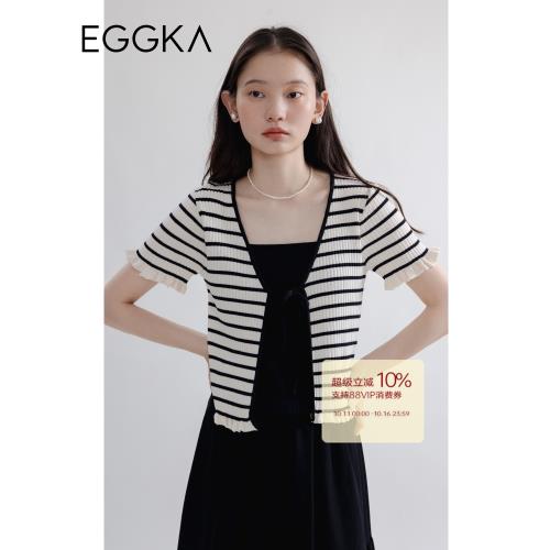 EGGKA假兩件條紋針織衫女短袖夏季2024年新款設計感小眾短款上衣