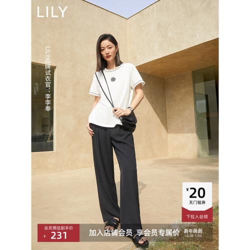 LILY夏新款女裝通勤黑色高腰顯瘦直筒垂感西裝褲輕薄闊腿休閑長褲