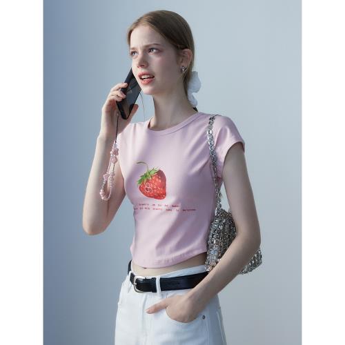 EGGKA純色印花圓領短袖上衣女夏新款百搭收腰修身顯瘦正肩短款T桖