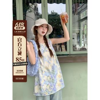 烏77小清新油畫感印花圓領背心女多巴胺寬松顯瘦中長款減齡上衣秋