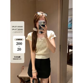烏77甜美波點方領針織短袖女2025新款通勤百搭顯瘦小個子短款上衣