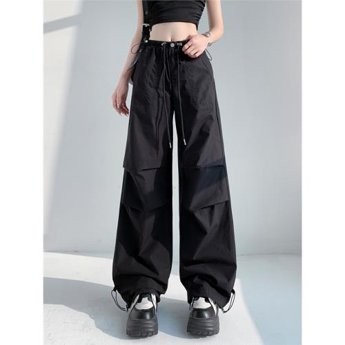 美式高街黑色速干工裝褲女夏季潮牌hiphop街舞抽繩闊腿運動長褲子