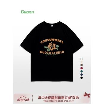 Guozii黑色正肩短袖t恤女花朵設計感手繪原創設計休閑新款上衣夏