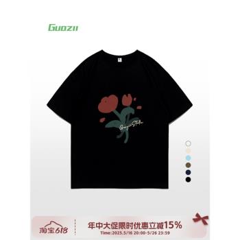 Guozii黑色純棉正肩短袖t恤女男獨特設計感花朵印花純棉寬松上衣