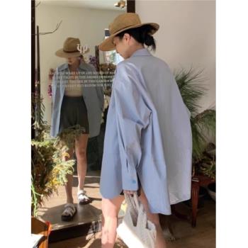 Polo藍色春夏季寬松防曬長袖襯衫