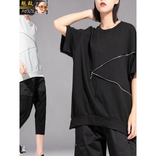 歐貨夏裝新款女裝胖MM顯瘦短袖t恤女暗黑系顯瘦法式半袖上衣潮