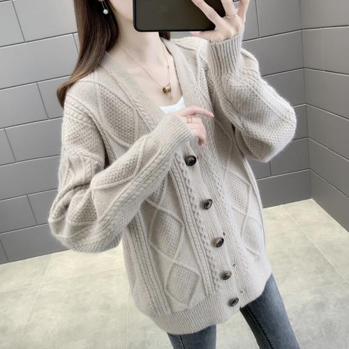 早春款針織開衫女裝2025年新款外搭時尚菱形毛衣外套純色韓版上衣