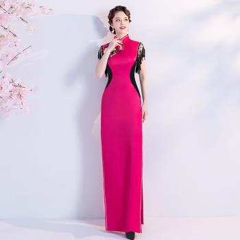 【天使嫁衣】玫紅色中式演出表演走秀禮儀主持人婚紗禮服旗袍1721