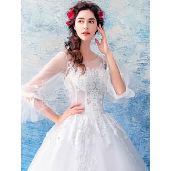 天使嫁衣鉆石蕾絲法式長袖公主新娘修身顯瘦婚紗禮服018批發