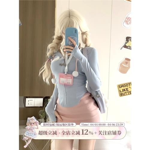 少女椰子/少女游泳館 春秋藍色緊身上衣防曬衫包臀裙運動辣妹套裝