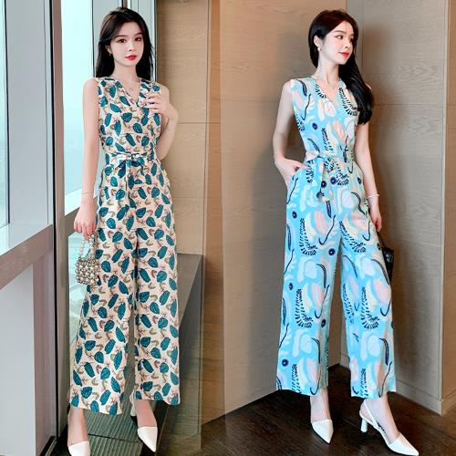 無袖碎花高腰垂感連體闊腿褲連衣九分褲套裝女高級薄夏季新款2025