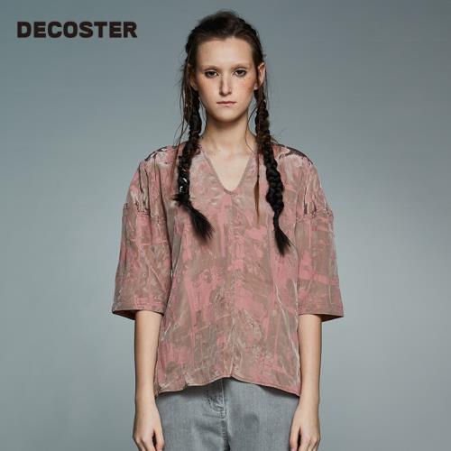DECOSTER/德詩春季新款品牌女裝復古藕粉寬松V領印花襯衫上衣