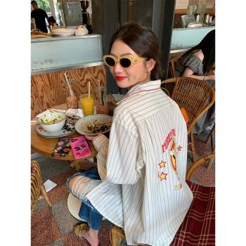 落落狷介長袖條紋印花襯衫女寬松設計感上衣2024早秋新款小個子