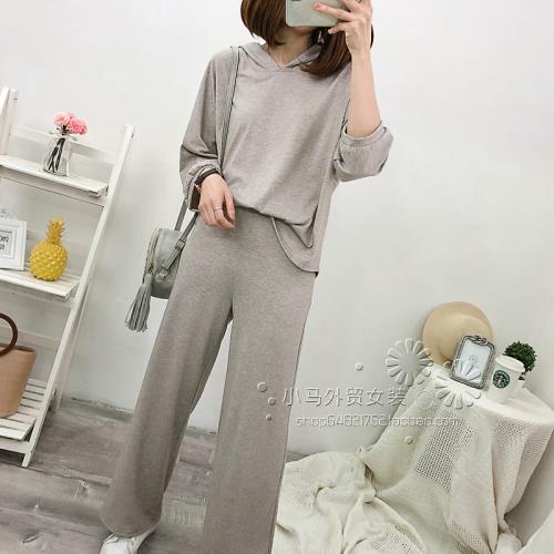 2025春夏韓版懶人運動套裝女大碼寬松連帽上衣休閑闊腿長褲兩件套