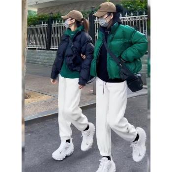 綠色短款加厚羽絨棉服外套衛褲兩件套女2025冬季新款休閑運動套裝
