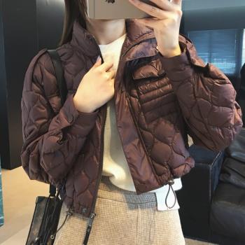 2025春季新款小立領波浪紋衍縫小短款羽絨服女百搭顯瘦白鵝絨外套