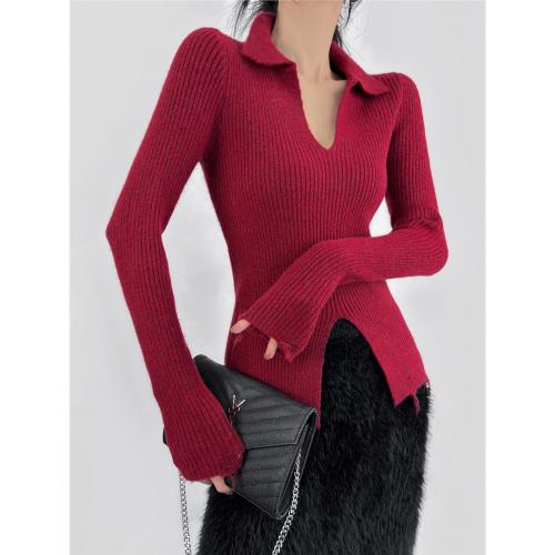 DOUBLE Z 復古磨破設計翻領開叉針織衫女春季v領修身顯瘦打底毛衣