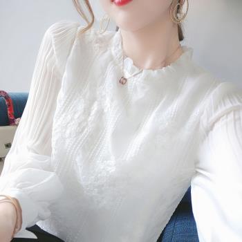 蕾絲打底衫女春秋荷葉邊領白色長袖上衣t恤時尚內搭洋氣高檔小衫