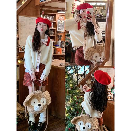 曾小咸 圣誕過年韓系翻領針織開衫女秋冬季寬松毛衣外套上衣套裝