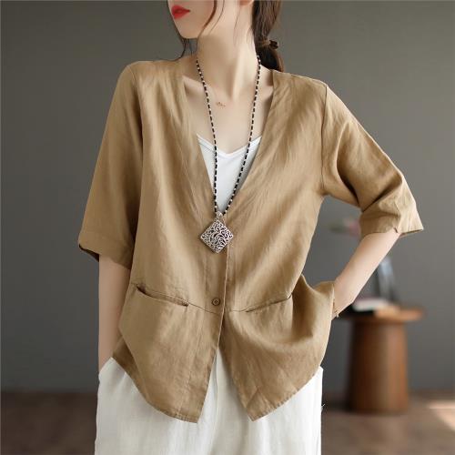 代勒100支砂洗純亞麻五分袖開衫上衣女士夏裝純色休閑西裝短外套