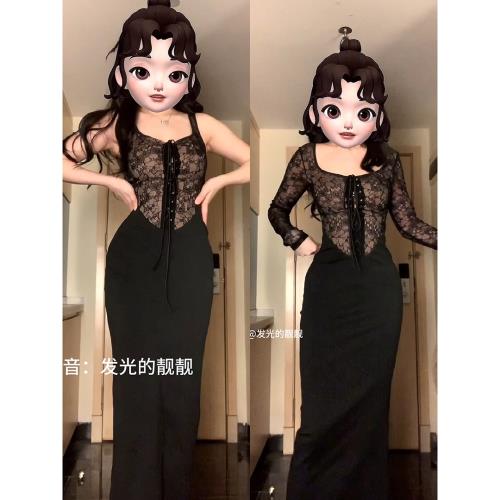 GirlsAt18 性感蕾絲連衣裙女秋季大碼法式黑色裙子收腰包臀裙長裙