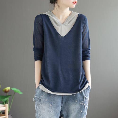 代勒原創文藝復古針織麻假兩件T恤衫女寬松連帽百搭針織棉薄上衣