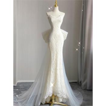 抹胸旅拍蕾絲輕婚紗小禮服新娘魚尾復古迎賓紗顯瘦氣質名媛出門紗