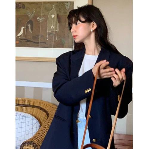 春秋新款西裝外套女韓版寬松休閑復古藏青色小西服上衣2024小個子