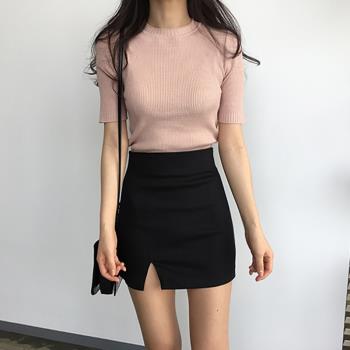 春秋彈力高腰白色性感開叉半身裙