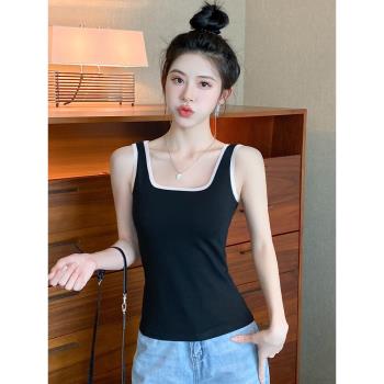 黑色小吊帶背心女2024夏季外穿純棉拼接內搭打底露背法式方領上衣
