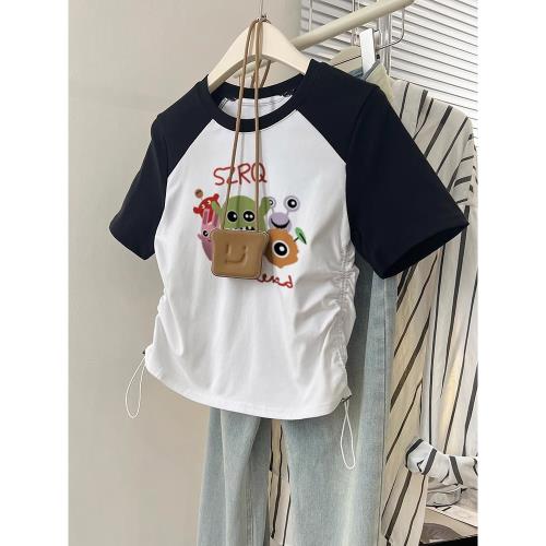 美式短袖t恤女2025新款爆款大碼胖mm遮肚顯瘦插肩小眾短款上衣服