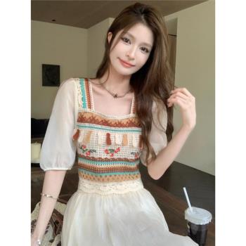 波西米亞民族風方領短袖襯衫女夏季氣質設計感小個子小眾短款上衣
