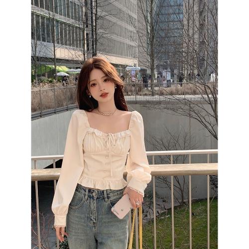 方領木耳邊系帶收腰短款長袖襯衫2026春季新款法式獨特絕美上衣女