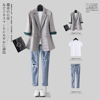 外套女格子夏季薄款七分袖小西裝