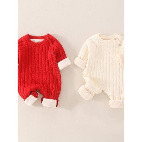 嬰兒連體衣秋冬新生兒加絨毛衣3-9個月男女寶寶針織爬服哈衣秋季