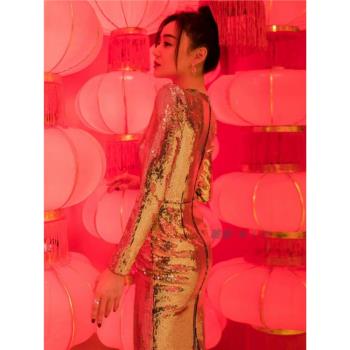 金色晚禮服亮片2024新款高階女生舞臺獨唱學生派對生日宴會連衣裙