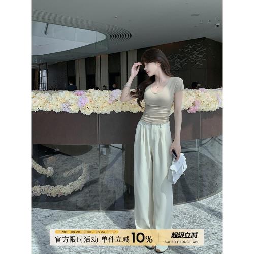 愉悅愉悅白色高腰休閑闊腿褲女春秋小個子氣質寬松拖地直筒西裝褲