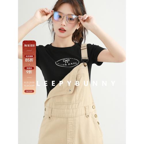 X瞌睡兔 冰爽棉圓領舊做銀色印花短袖T恤女休閑減齡短款顯瘦上衣