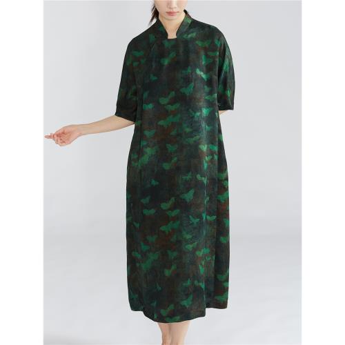 特惠 真絲香云紗提花花蘿國風連衣裙100%桑蠶絲新中式短袖A字裙