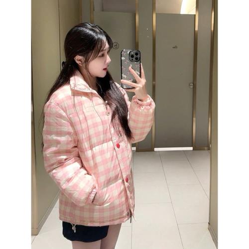 柔美少女粉色格子棉服冬季保暖加厚立領泡泡袖通勤面包服棉衣外套